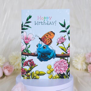 Biglietto di auguri di compleanno a forma di rana, biglietto di auguri di auguri di fiori carini a forma di rana, biglietto di auguri di compleanno a forma di rana blu, biglietto di auguri di fiori colorati, biglietto illustrato fatto a mano