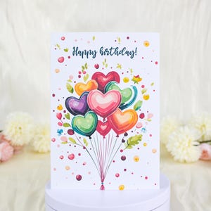 Cute Balloons Happy Birthday Card, Colorful Heart Balloon Greeting Card, Confetti Watercolor Style Greeting Bday Card with Envelope