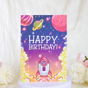 Tarjeta de cumpleaños espacial, tarjeta con temática de galaxia espacial, tarjeta de felicitación infantil con temática espacial, tarjeta de galaxia colorida, tarjeta de celebración, sobre incluido