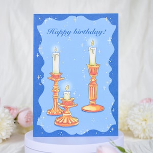Cartão de aniversário azul com três velas, cartão de aniversário para namorada, mãe, ela, ele, cartão de aniversário com design de vela, em branco por dentro
