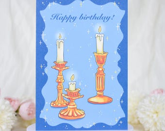 Carte d'anniversaire bleue avec trois bougies, carte d'anniversaire pour petite amie, maman, elle, lui, carte de voeux d'anniversaire avec bougie, intérieur vierge