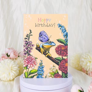 Biglietto di auguri di compleanno a forma di rana, biglietto di auguri di auguri di fiori carini a forma di rana, biglietto di auguri di compleanno di rana arancione, biglietto di auguri di fiori colorati, biglietto illustrato fatto a mano
