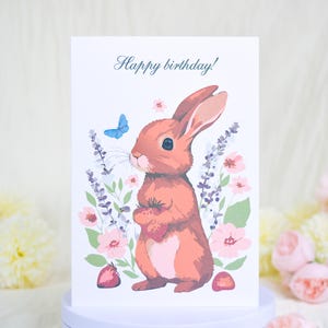 Süße Hasen Geburtstagskarte, Braunes Kaninchen mit Blumen Grußkarte, Alles Gute zum Geburtstag Wunschkarte, Illustrierte Geburtstagskarte mit Umschlag