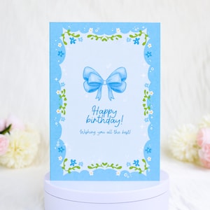 Verjaardagskaart met blauwe strik, versierde elegante wenskaart, leuke bloem verjaardagskaart, Coquette Girly esthetische kaart met envelop