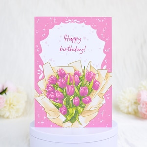 Biglietto di auguri di compleanno con bouquet di tulipani, biglietto di auguri con fiori rosa, biglietto di auguri di compleanno per moglie o mamma, adorabile biglietto floreale con tulipani e busta