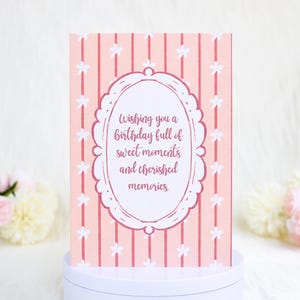 Red Stripes Birthday Card, Flower Polka Dot Greeting Card for Her, Elegant Vintage Style Card, Birthday Message Card with Envelope