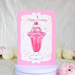 Biglietto di auguri di compleanno con frullato di latte rosa, biglietto di auguri di buon compleanno, biglietto di auguri per bevande in stile retrò, grazioso biglietto di auguri per gelato fatto a mano, regalo per lei, mamma
