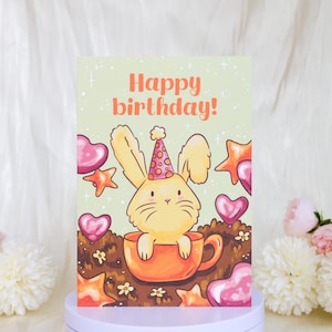 Pastel Teacup Bunny Birthday Card, Soft Sweet Kids Birthday Card, Charming Handmade Animal Lover Card, Bunny Illustrated Greeting Card
