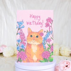 Tarjeta de cumpleaños de gato naranja, tarjeta de felicitación floral suave y elegante, tarjeta para amantes de los gatos, tarjeta de cumpleaños hecha a mano para ella con sobre
