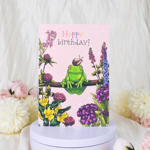 Biglietto di auguri di compleanno a forma di rana, biglietto di auguri di auguri di fiori carini a forma di rana, biglietto di auguri di compleanno a forma di rana verde, biglietto di auguri di fiori colorati, biglietto illustrato fatto a mano