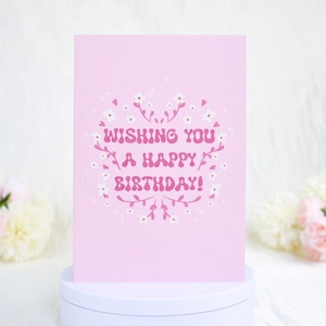 Roze verjaardagskaart, girly esthetische wenskaart, schattige bloemen verjaardagskaart, elegante coquette verjaardagscadeau voor moeder of vrouw