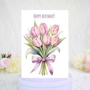 Elegant Flowers Birthday Card, Pink Tulips Birthday Card, Gift for Mom or Girlfriend, Birthday Gift for Wife, Valentines Card For Her