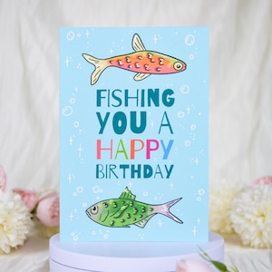 Carte d'anniversaire de pêche de punny, carte de voeux extérieure de pêcheur gai audacieux, carte d'anniversaire illustrée de poisson papa ludique fait main