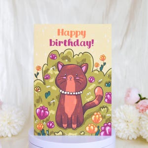 Elegante bruine kat verjaardagskaart, stijlvolle gestreepte kat met bloemen, mooie vrouwelijke kleurrijke verjaardagskaart voor vrouw, beste vriend, moeder, haar