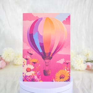Cartão de balão de ar quente rosa, cartão para qualquer ocasião, cartão de felicitações com balão e flores, cartão de agradecimento, presente de agradecimento feminino com design fofo