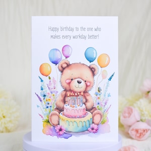 Bear Happy Birthday Card, Bear Cake Birthday Greeting Card, Colorful Party Bear Illustration Celebration Card, Coworker Work Bestie Card