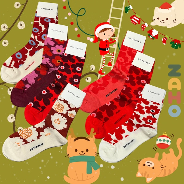 Marimekko cotton socks, Unikko, Minimalist, Red Christmas Socks, Christmas gifts, Unique | Free shipping Worldwide