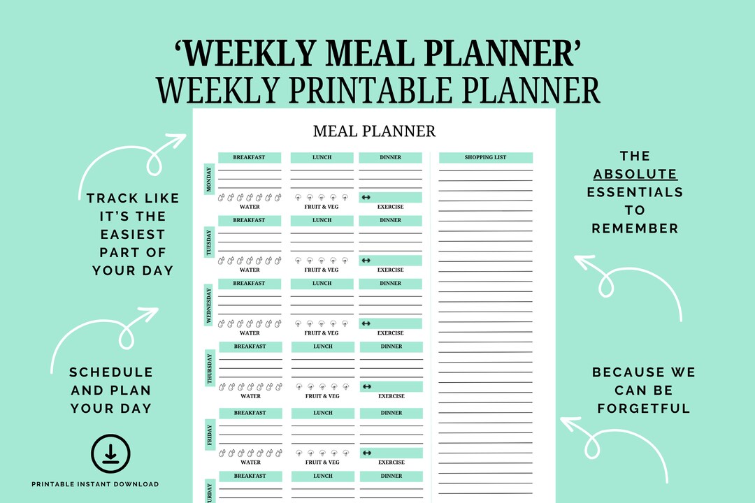 Printable Meal Planner, Weekly Meal Planner, Daily Food Planner, Weekly ...