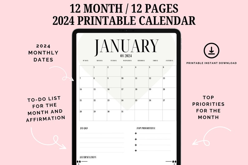 2024 Printable Calendar, 2024 Calendar, 2024 Planner, 2024 Minimalist Calendar, Printable 2024