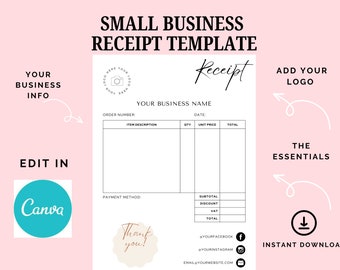 Small Business Receipt Template, INSTANT DOWNLOAD, Business Invoice, Canva Template, Editable Receipt Form, Printable Receipt, Minimalist