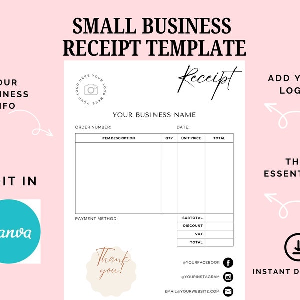 Small Business Receipt Template, INSTANT DOWNLOAD, Business Invoice, Canva Template, Editable Receipt Form, Printable Receipt, Minimalist