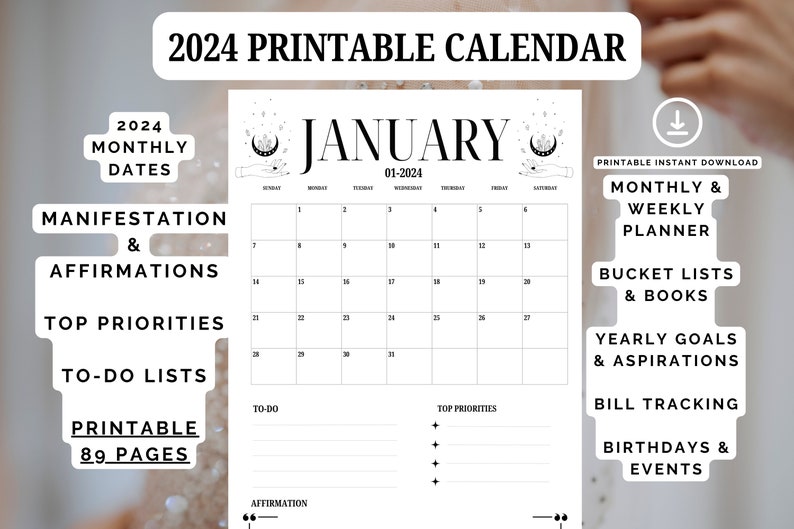 2024 Printable Calendar, 2024 Calendar, Digital Download, Manifestation