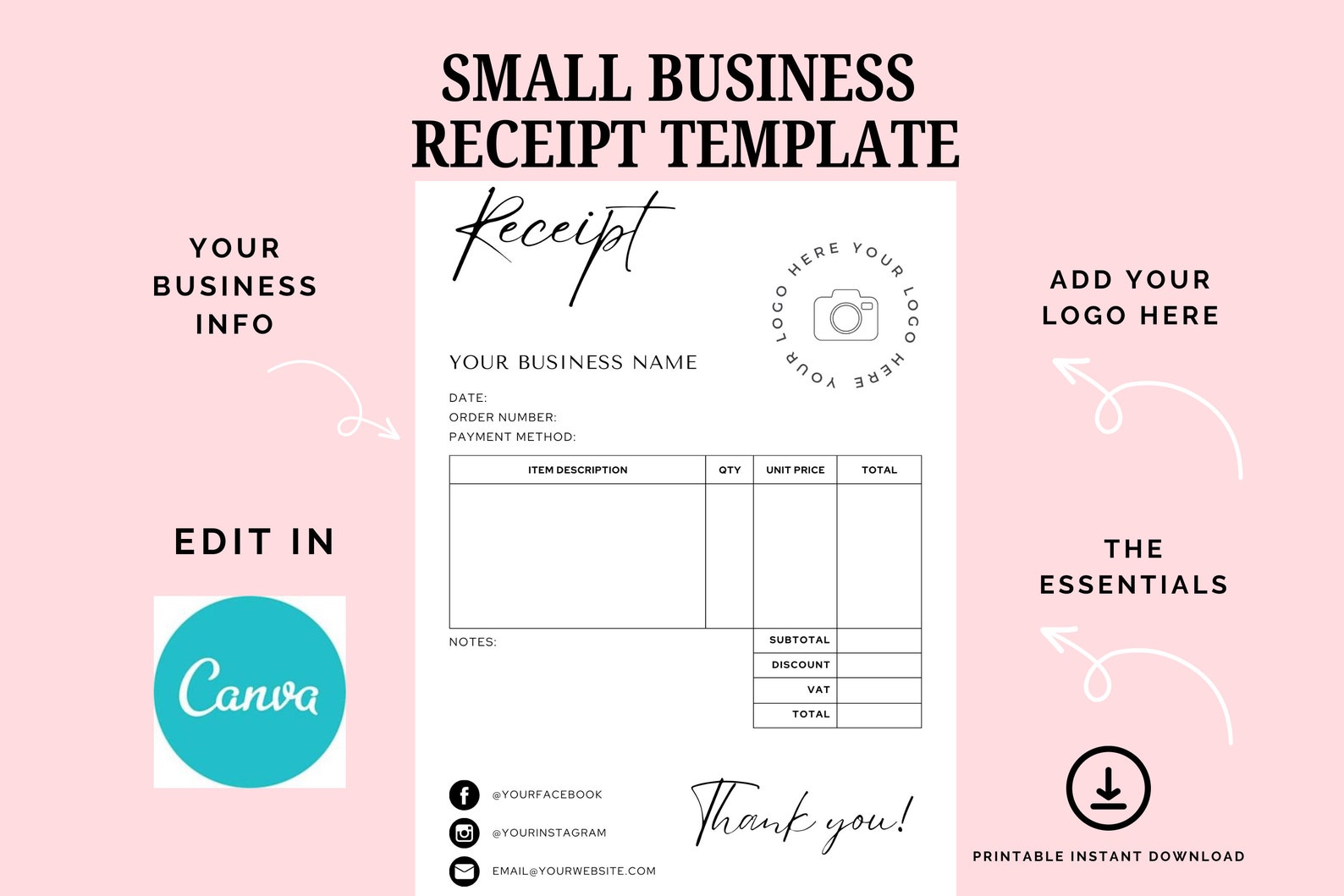 Small Business Receipt Template INSTANT DOWNLOAD Business Invoice Small Business Receipt Template INSTANT DOWNLOAD Business Invoice