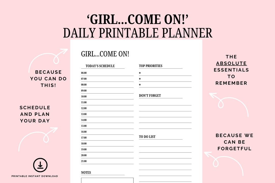 Girl...come on Daily Printable Planner, Hourly Planner, Time Block ...