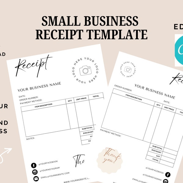 Small Business Receipt Template, INSTANT DOWNLOAD, Business Invoice, Canva Template, Editable Receipt Form, Printable Receipt, Minimalist