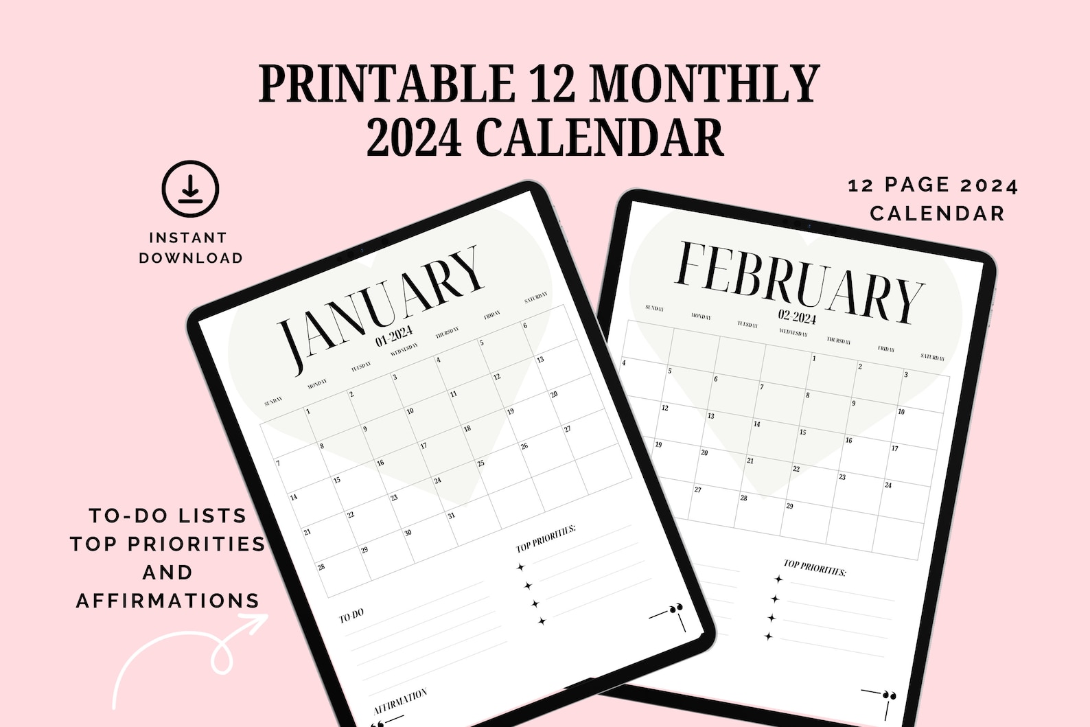 2024 Printable Calendar, 2024 Calendar, 2024 Planner, 2024 Minimalist