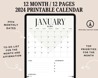 2024 Printable Calendar, 2024 Calendar, 2024 Planner, 2024 Minimalist Calendar, Printable 2024 calendar, Yearly Planner, Instant Download