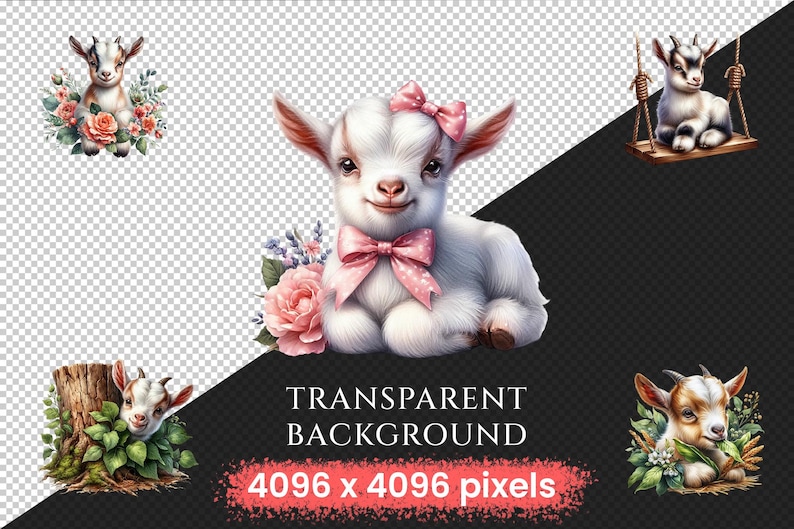 Baby Goats PNG Clipart Collection - 38 PNG, Charming goat illustrations, Farmyard art printables, Commercial use, Digital download