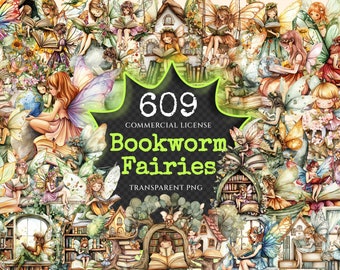 May include: A collage of 609 digital illustrations of fairies reading books. The fairies are depicted with wings and are wearing various outfits. The illustrations are in a watercolour style and have a whimsical feel. The text "609 Bookworm Fairies Commercial License Transparent PNG" is displayed on a chalkboard.