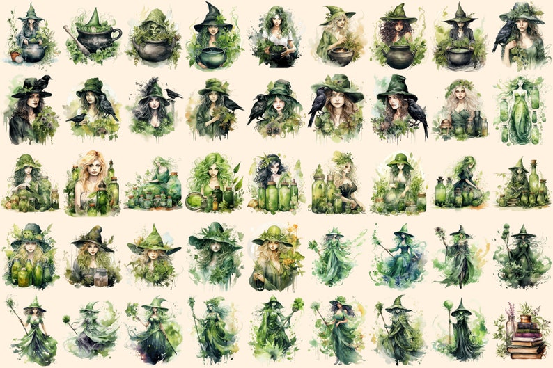 Herbal Witches Watercolor Clipart Bundle - 310+ transparent PNG, Whimsical fantasy graphics, Enchanted png, Commercial use, Digital download
