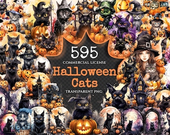 Halloween Cats Watercolor Clipart Bundle – Eerie Feline PNG (Digital download)