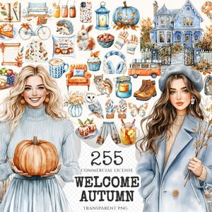 Welcome Autumn Watercolor Clipart Set - 250+ transparent PNG, Rustic pumpkin graphics, Cozy cottagecore art, Commercial use,Digital download