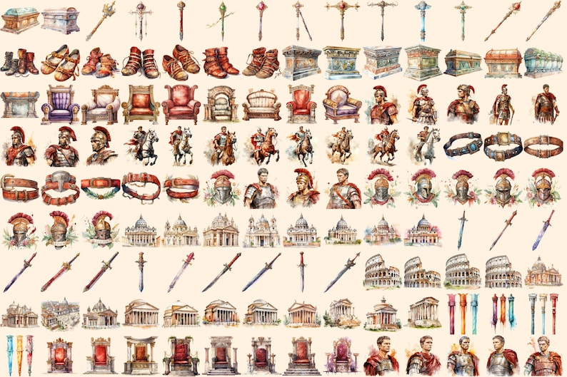 Ancient Rome Watercolor Clipart Bundle - 860+ transparent PNG, Classical empire graphics, Ancient roman, Commercial use, Digital download
