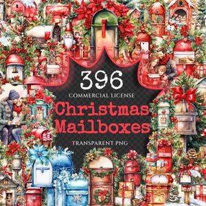 Christmas Mailboxes Watercolor Clipart Bundle - 392+ transparent PNG, Holiday postcard png, X-mas images, Commercial use, Digital download
