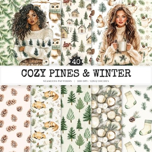 Cozy Pines and Winter Seamless Patterns, Christmas JPEG, Reindeer seamless pattern, Foxes, Pines repeating pattern, Digital scrapbook paper