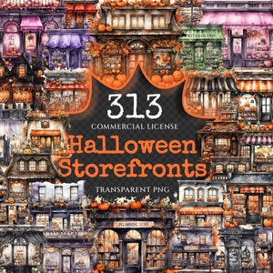 Halloween Storefronts Watercolor Clipart Bundle - 310+ transparent PNG, Haunted store graphics, Spooky png, Commercial use, Digital download