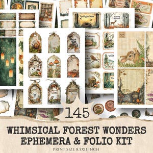 May include: A selection of whimsical forest-themed ephemera and folio kit. The image shows tags, labels, and decorative elements with illustrations of woodland creatures, mushrooms, and nature scenes. The text includes "Whimsical Forest Wonders" and "145". Print size is 21.6 x 27.9 cm.