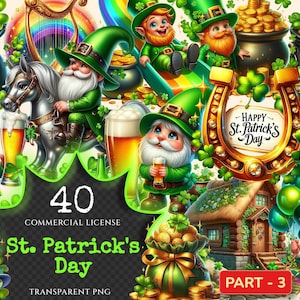 Op de afbeelding: Een verzameling van 40 digitale illustraties met het thema St. Patrick's Day, met kabouters, potten goud, klavertjesvier en een hoefijzer. De illustraties zijn in cartoon-stijl en perfect voor gebruik in digitale projecten.