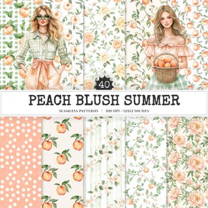Peach Blush Summer Seamless Patterns, Cottagecore JPEG, Floral summertime pattern, Peony flowers repeating pattern, Digital scrapbook paper