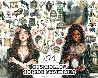 Watercolor Horror Clipart Set – Gothic Haunted Images (Digital Download)
