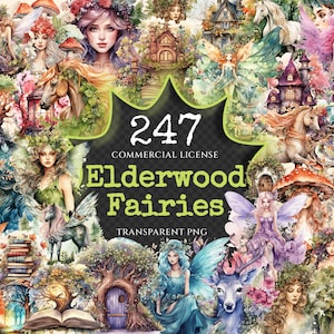 Elderwood Fairies Watercolor Clipart Bundle - 240+ transparent PNG, PNG of Magical Fairytale, Comic book, Commercial use, Digital download
