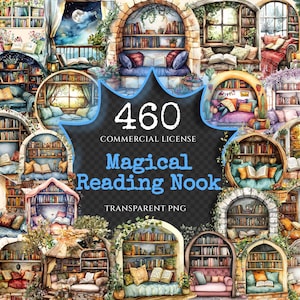 Op de afbeelding: Een verzameling van 460 digitale illustraties van knusse leeshoekjes. Elk hoekje heeft een boekenkast, een comfortabele zitplaats en een boek. De illustraties zijn in aquarelstijl en hebben een magische, fantasierijke uitstraling. De tekst "460 Commerciële Licentie Magische Leeshoek Transparante PNG" wordt weergegeven op een zwarte achtergrond.