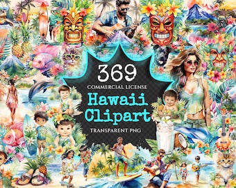 Hawaii Watercolor Clipart Bundle – Tropical Summer PNG (Digital Download)