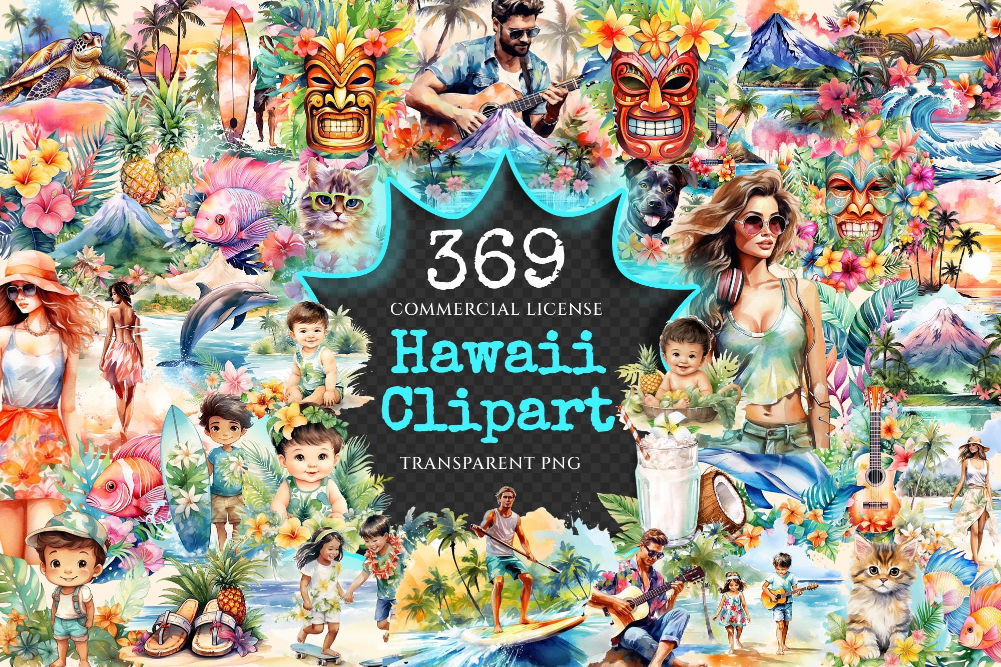 Hawaii Watercolor Clipart Bundle – Tropical Summer PNG (digital ...