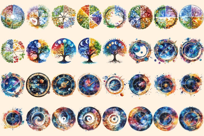 Time Wheels Watercolor Clipart Bundle - 213+ transparent PNG, Vintage clock graphics, Timeless timepiece png,Commercial use,Digital download