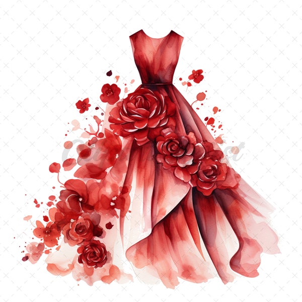 17 High-Quality Fashion Dresses Clipart - Red dresses digital watercolor JPG instant download for commercial use - Digital download